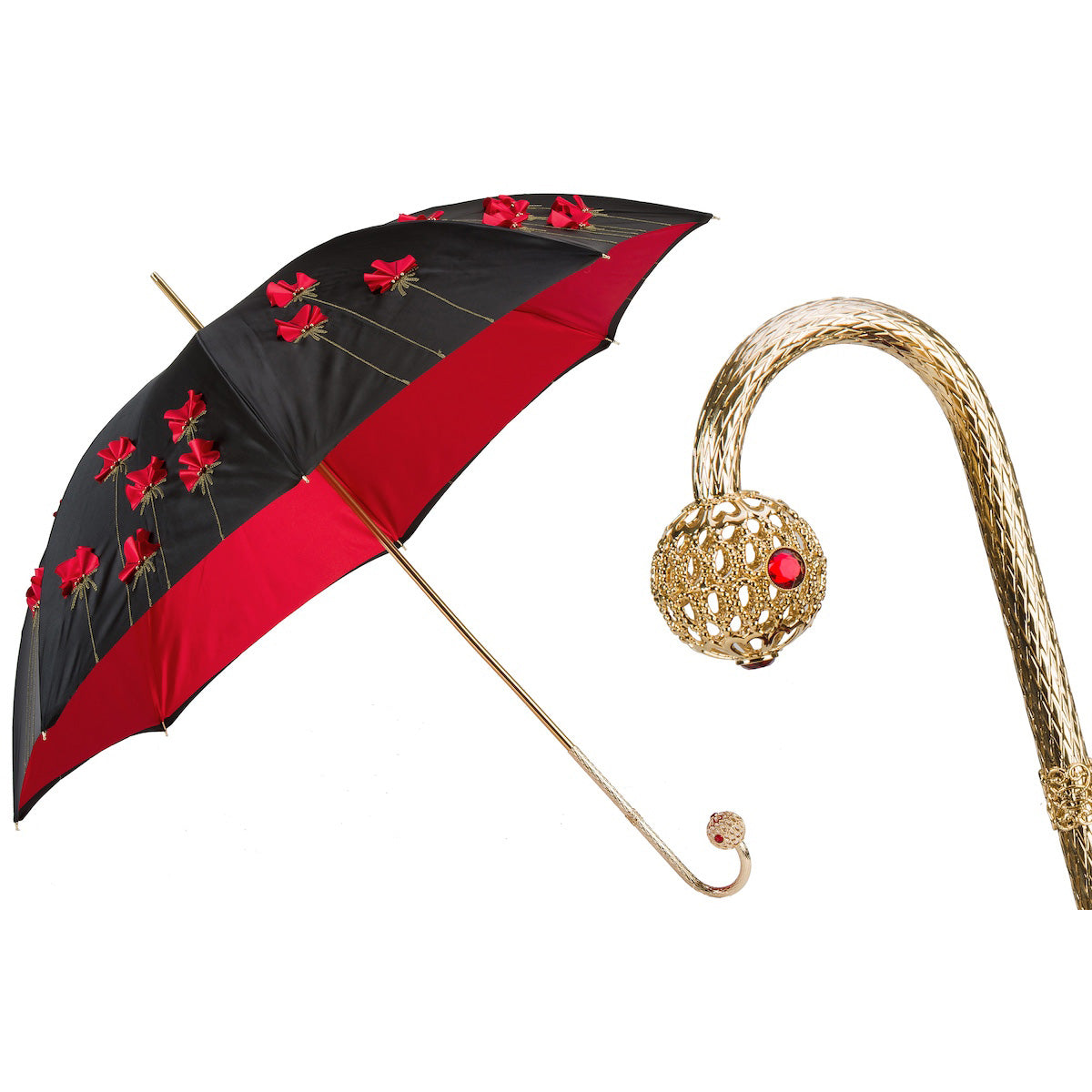 Parasol PASOTTI 93 cm, 3D, maki, czerwony/czarny, podwójny materiał, uchwyt mosiężny