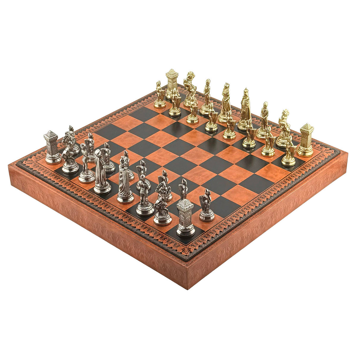 3-in-1 Schachset 48 cm – „Maria Stuarda“, Kunstlederbrett, Metallfiguren