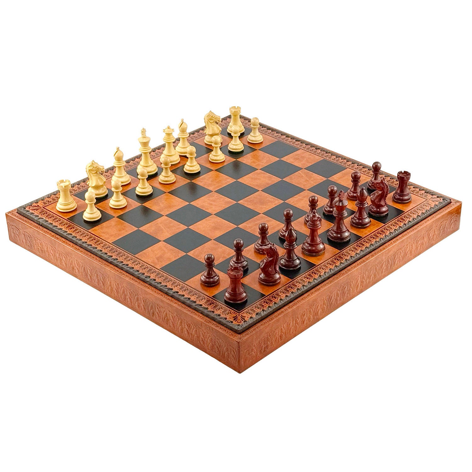 Luksusowe szachy Italfama Classico 7,8 cm palisander + włoska deska 3 w 1 ze skóry ekologicznej 48 cm