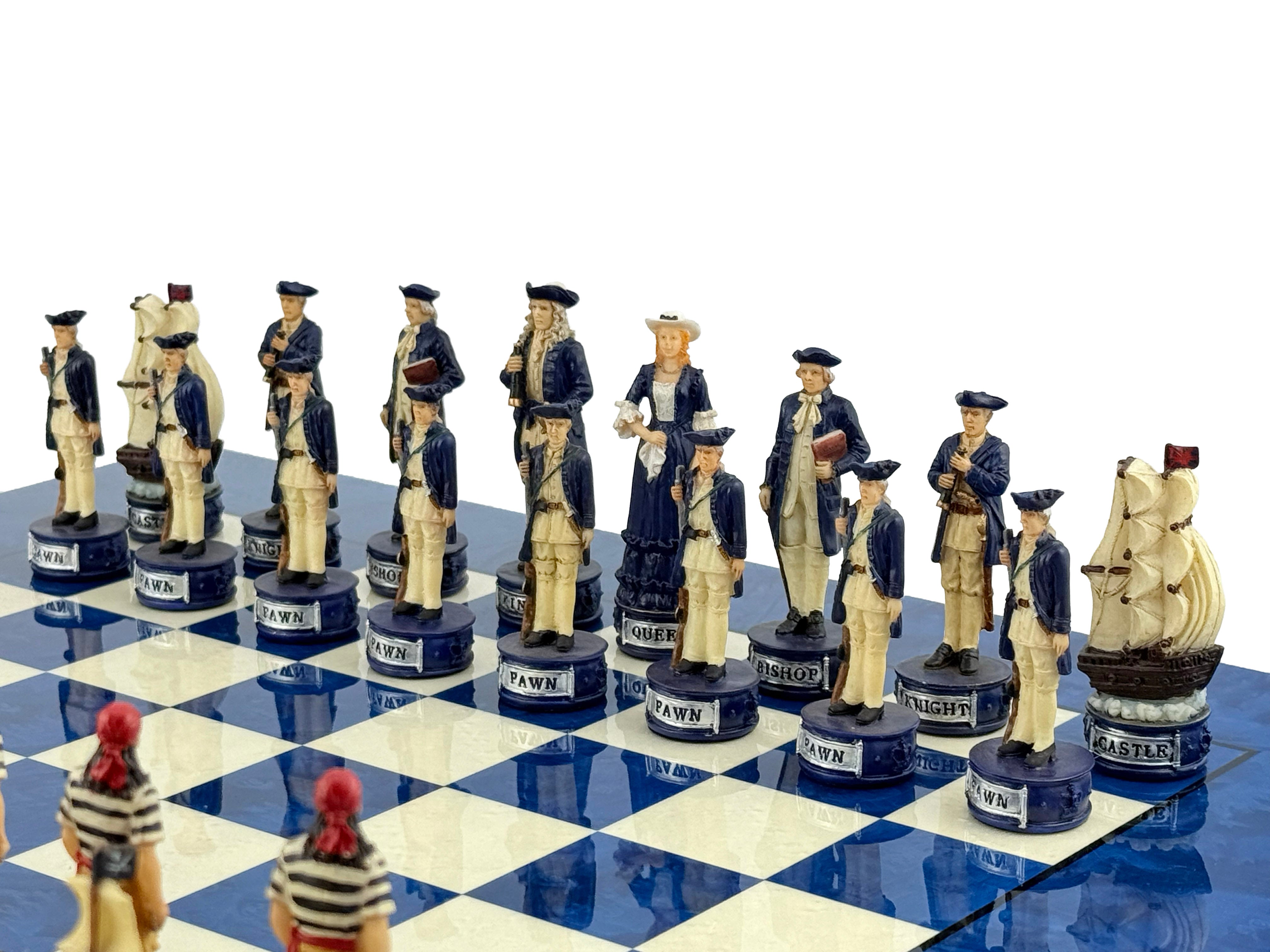 Pirates Chess Set 8cm + MADRONA White/Blue Chessboard 42cm