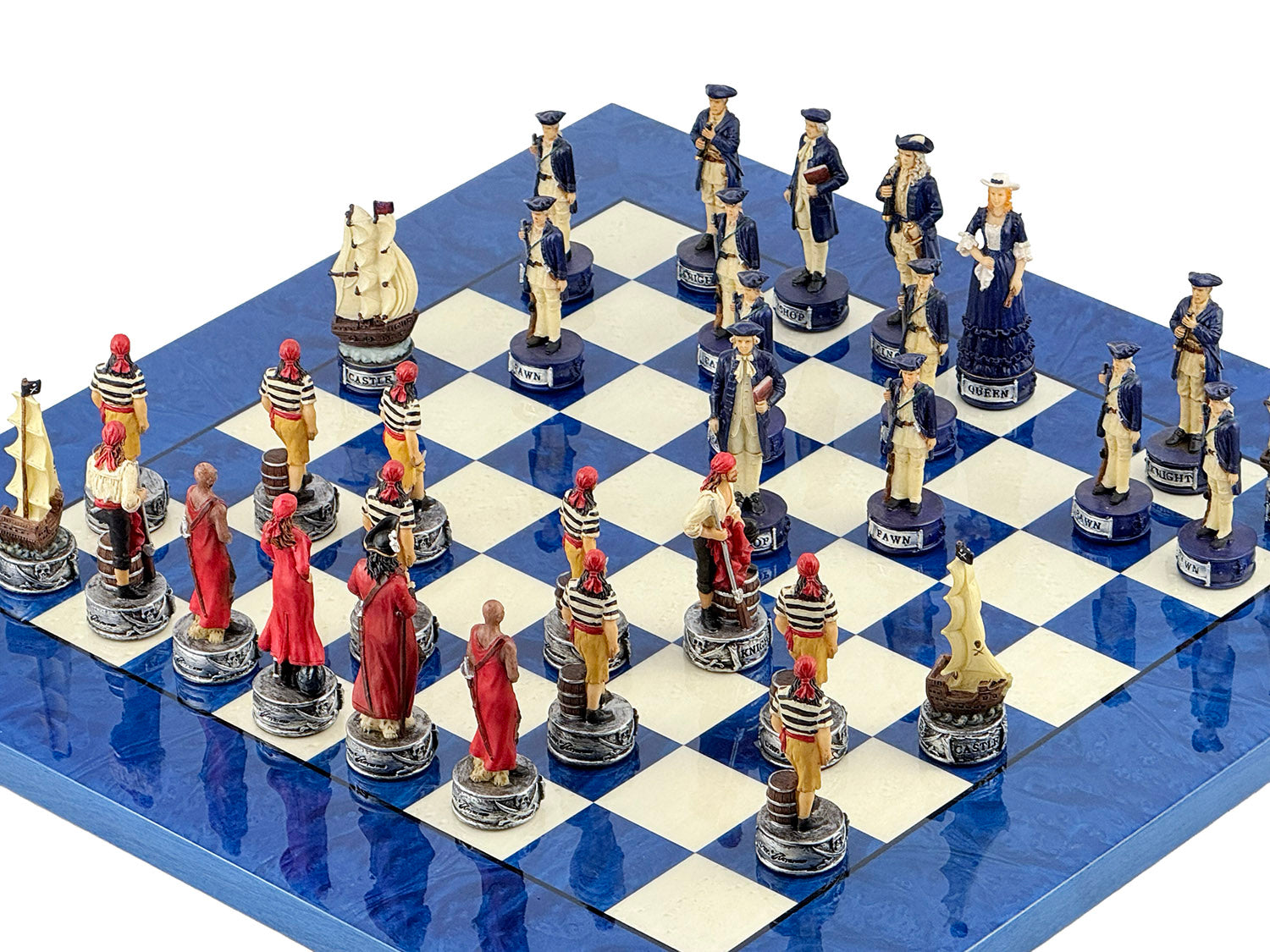 Pirates Chess Set 8cm + MADRONA White/Blue Chessboard 42cm
