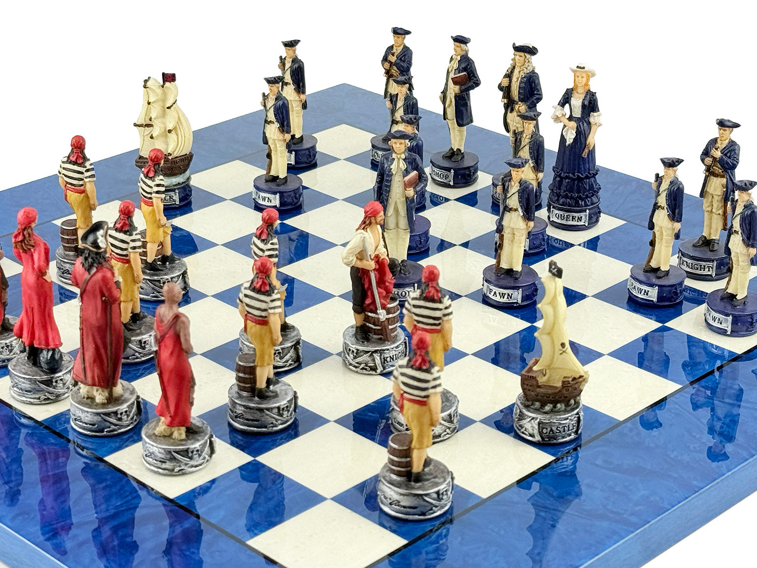 Pirates Chess Set 8cm + MADRONA White/Blue Chessboard 42cm