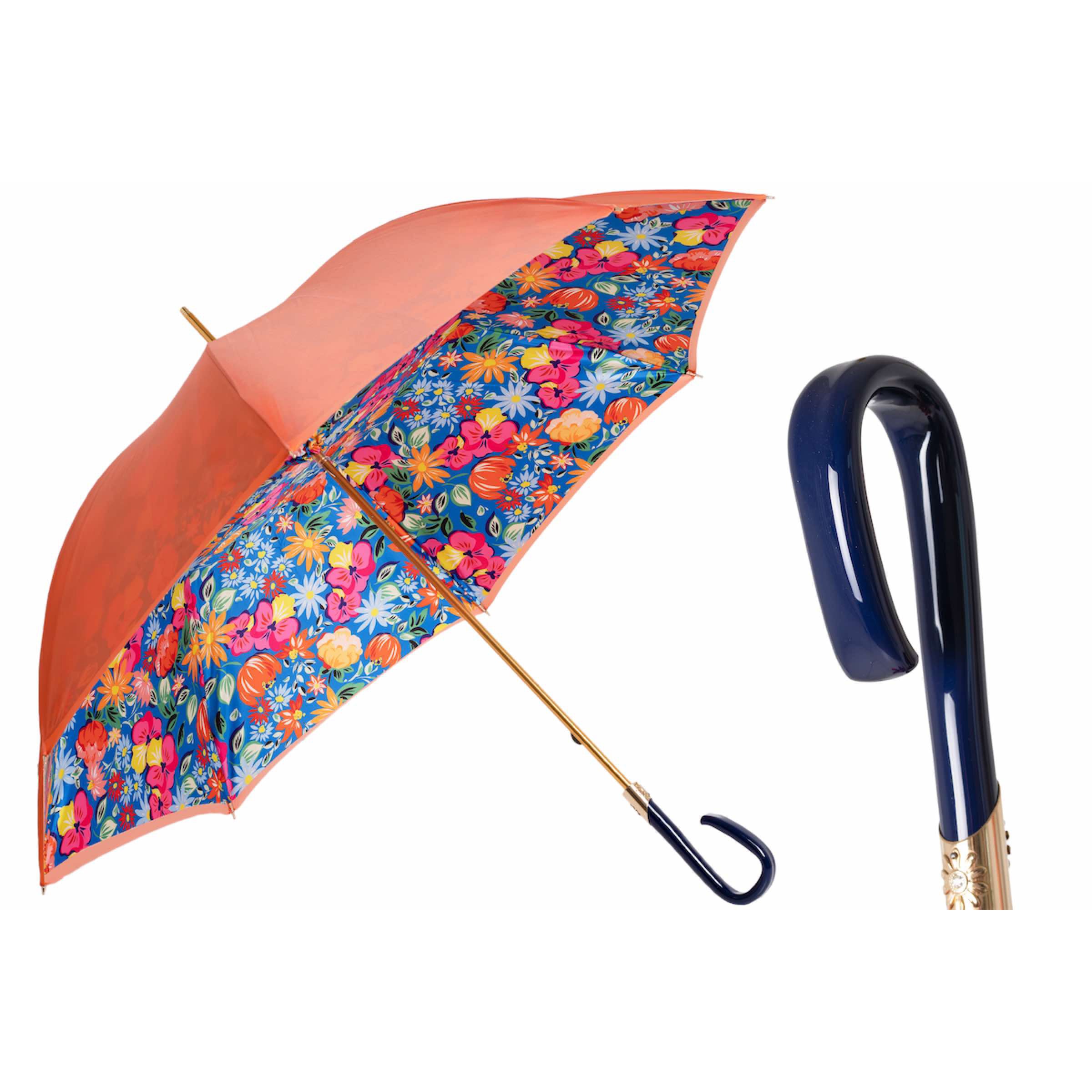Parasol PASOTTI 93 cm, pomarańczowy, z kwiatowym wnętrzem, z podwójną rączką z octanu