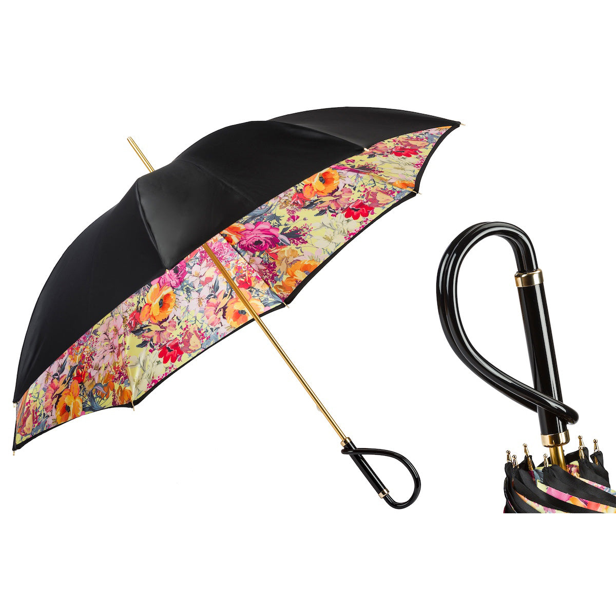 Parasol PASOTTI 93 cm, czarny, z kwiatowym wnętrzem, z podwójną rączką z octanu