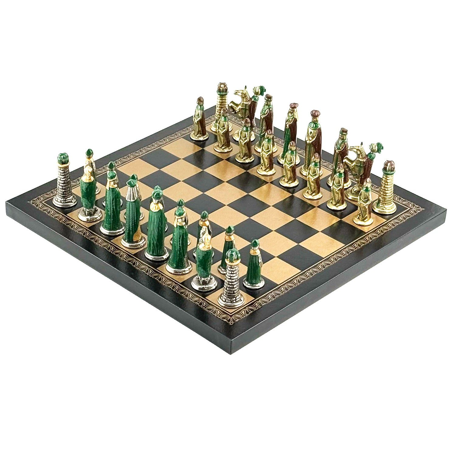 Metalowy zestaw szachowy Italfama Medioevale z ekoskórzaną szachownicą (26x26 cm)