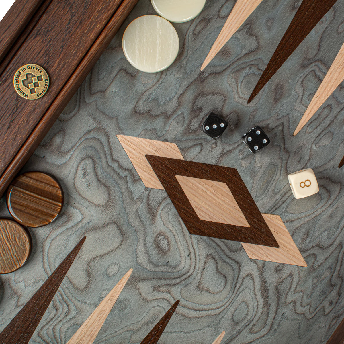 Luxury Manopoulos Backgammon Set Pearly Grey Vavona Oak 48x26