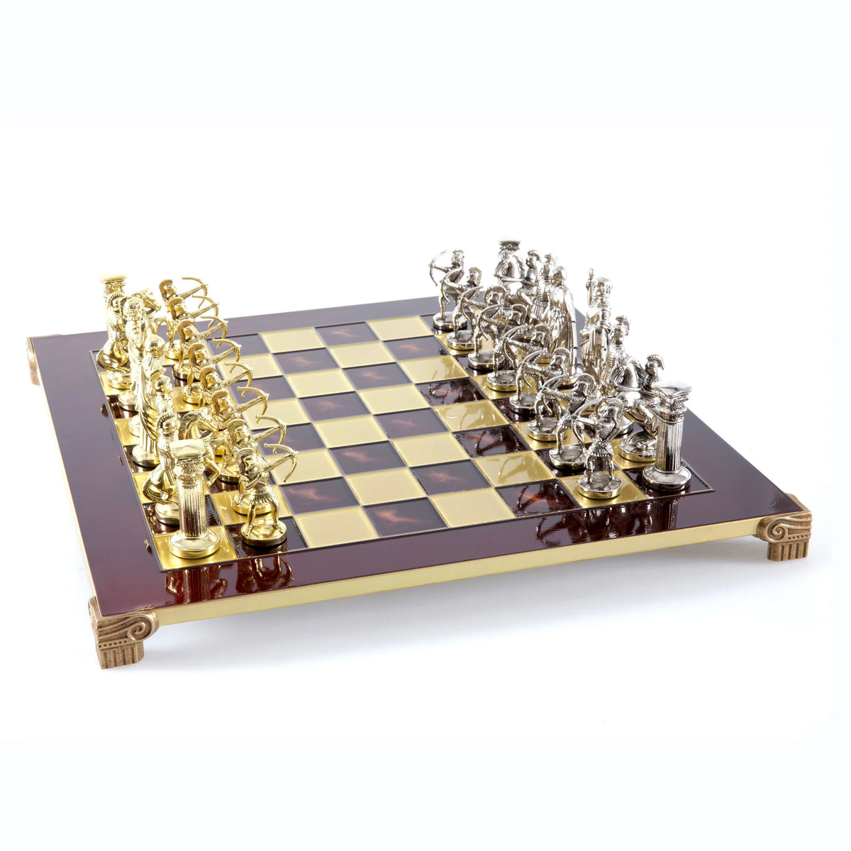 Luxury Manopoulos Archers Brass Chess Set Wooden Case 44x44 cm