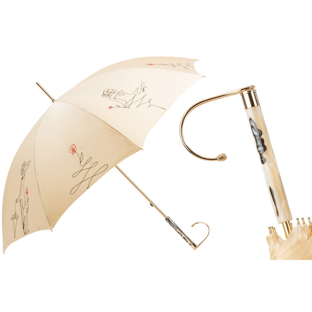 Parasol PASOTTI 93 cm, kość słoniowa, szkic kobiety, uchwyt z klejnotami, podwójna tkanina