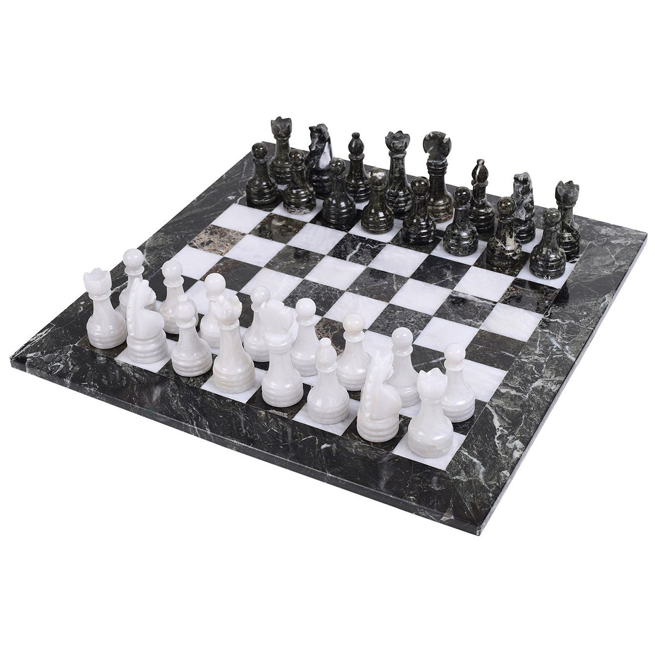 Italfama Schachspiel aus schwarzem und weißem Marmor, 30 cm, handgeschnitzt mit Kassette