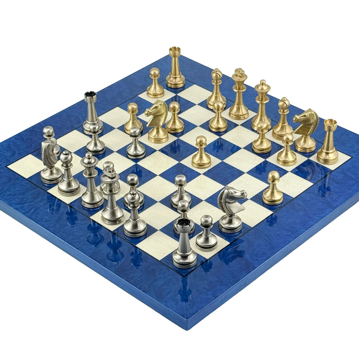 Staunton Schachset aus massivem Messing, 7,3 cm + MADRONA Schachbrett, 42 x 42 cm