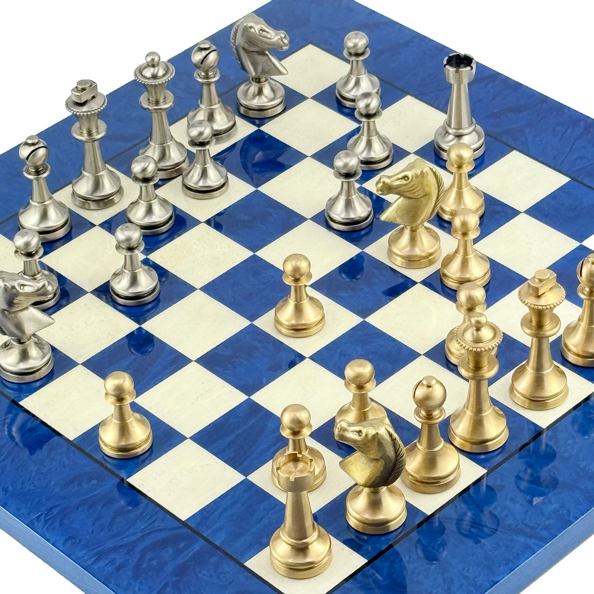 Staunton Schachset aus massivem Messing, 7,3 cm + MADRONA Schachbrett, 42 x 42 cm