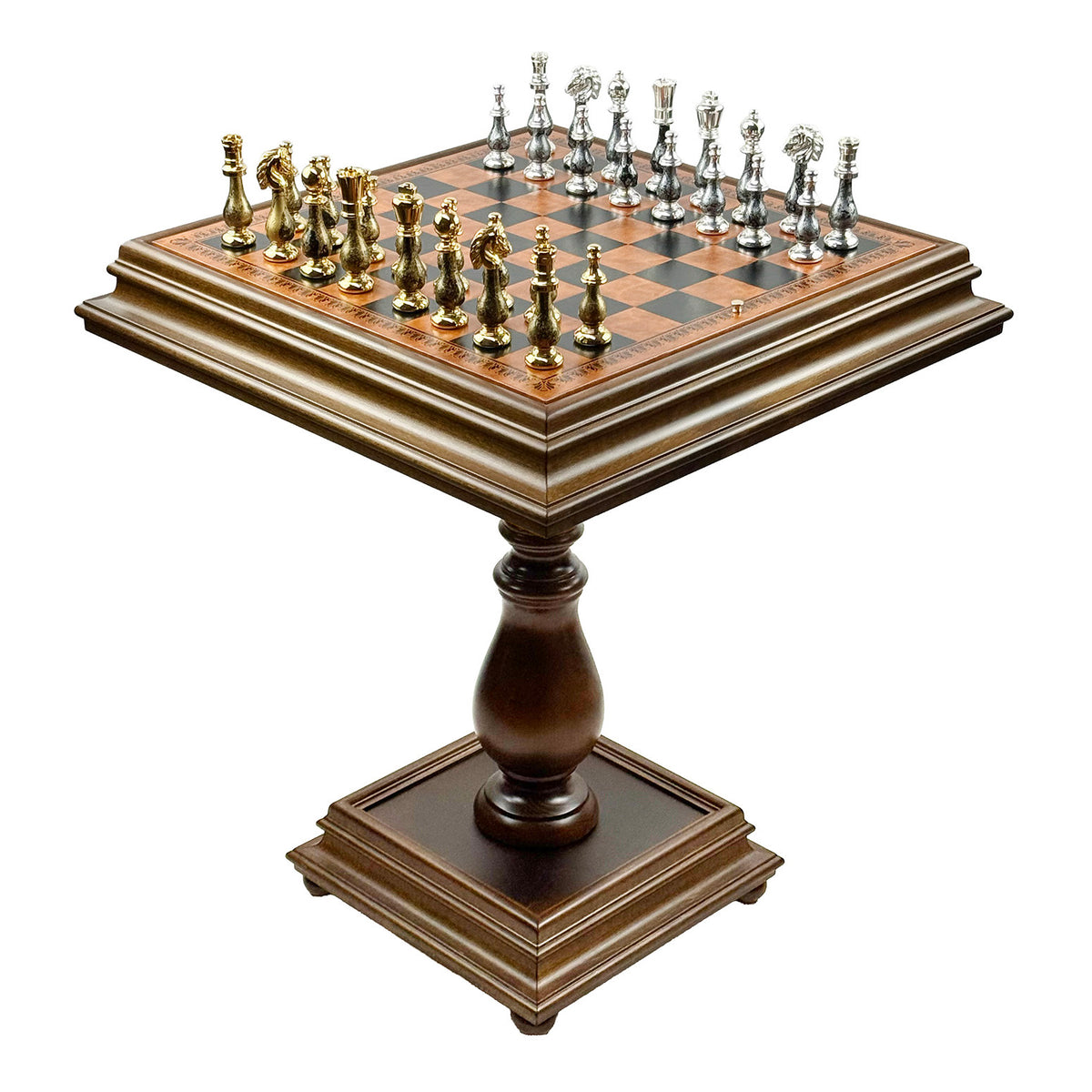 Luxuriöser Schachtisch 55×55 cm mit Messing-/Holzfiguren, Kunstleder