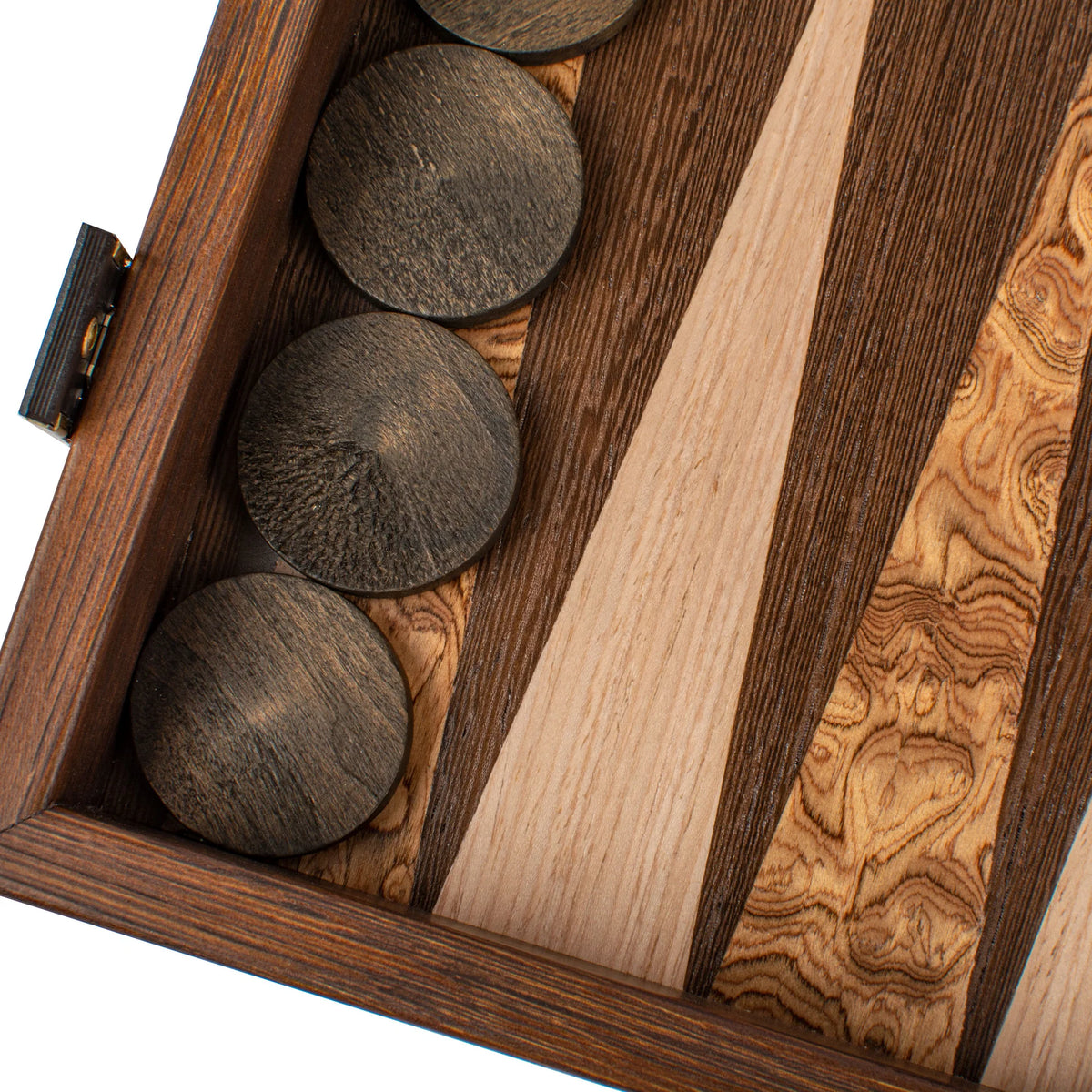 Compact Manopoulos Backgammon Set Wenge Walnut Burl Oak 30x17