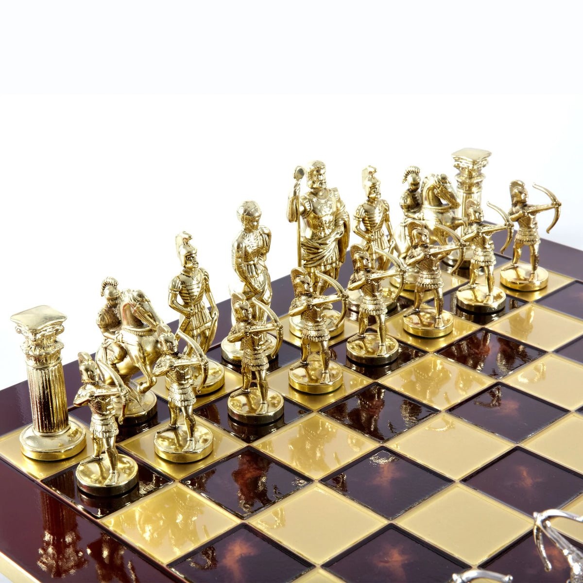 Luxury Manopoulos Archers Brass Chess Set Wooden Case 44x44 cm
