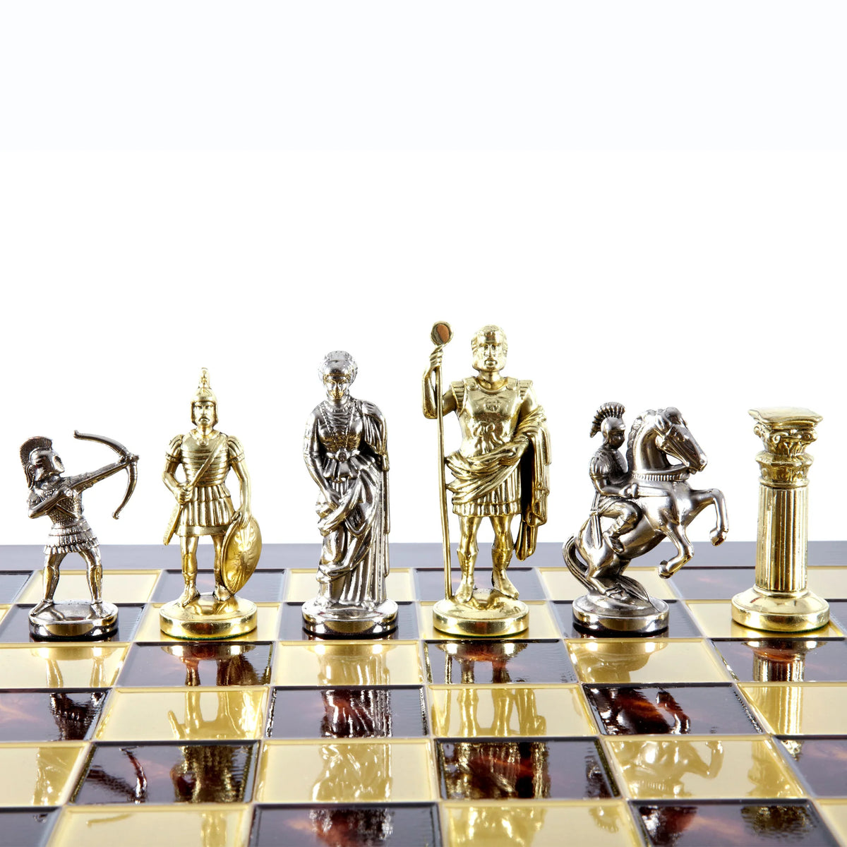Luxury Manopoulos Archers Brass Chess Set Wooden Case 44x44 cm