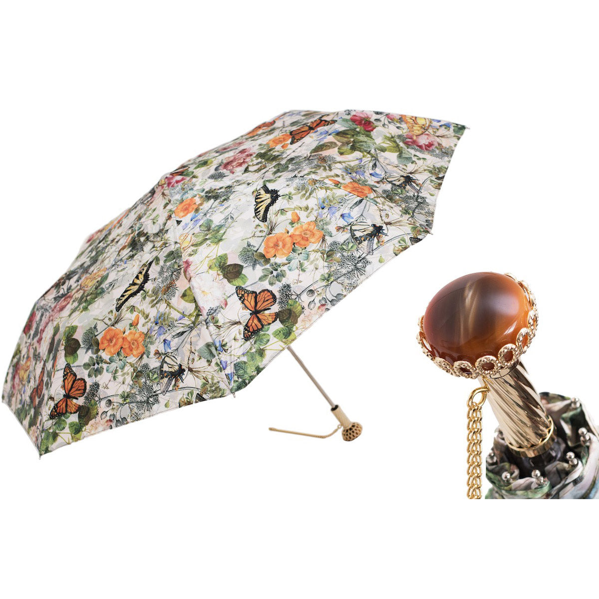 Parasol składany PASOTTI 30 cm z nadrukiem motyli, z uchwytem zdobionym klejnotami, Włochy