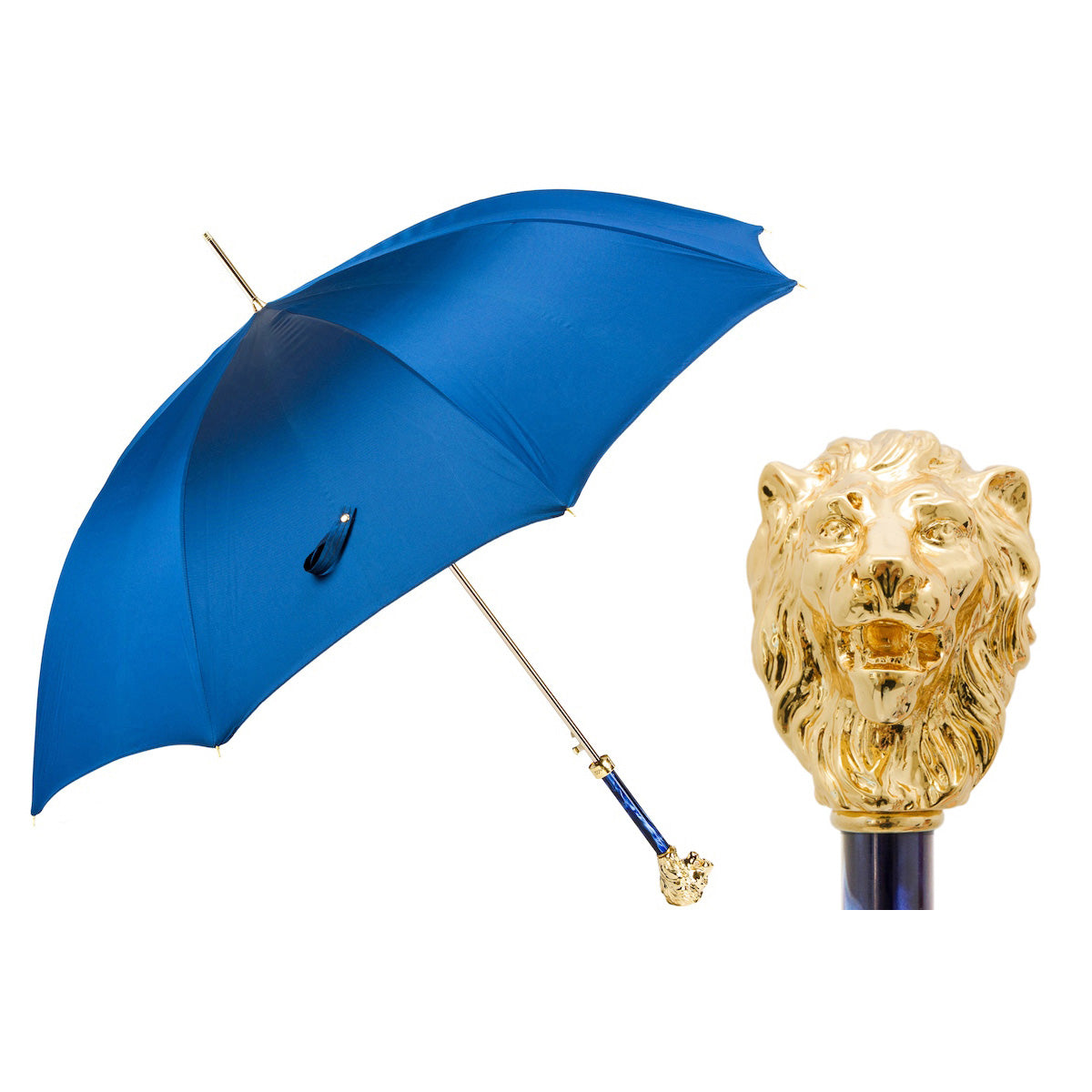 BLUE UMBRELLA WITH GOLD LION HANDLE | Pasotti– Handmade in Italy, Symbol of Power and Regal Elegance