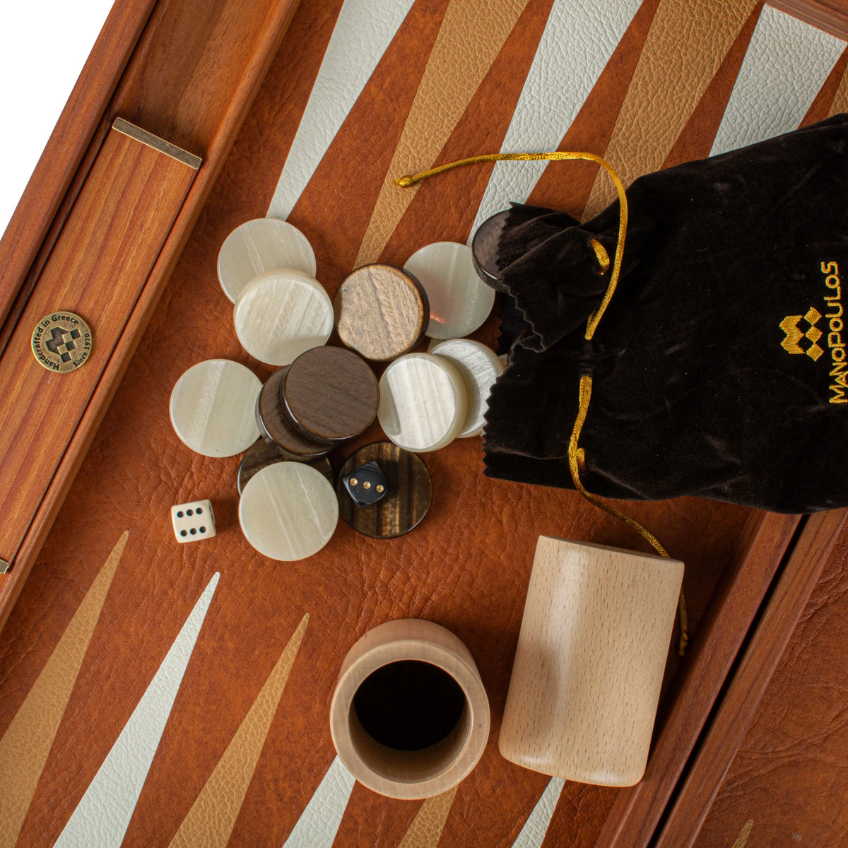 Large Manopoulos Backgammon Set Leatherette Crocodile Caramel 48x26