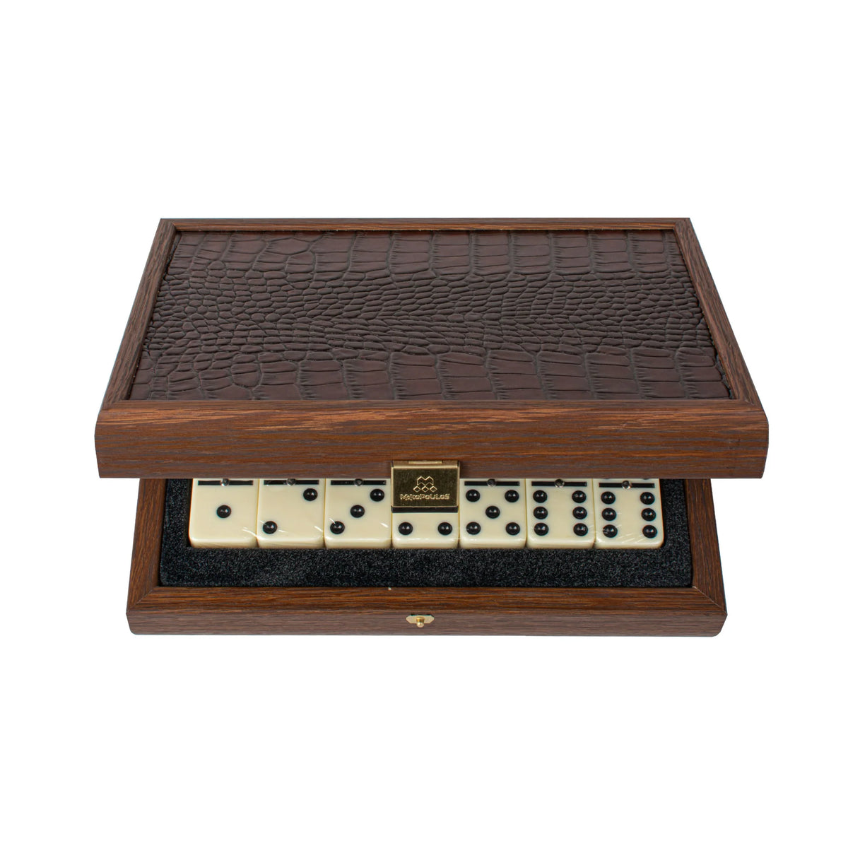 Luxury Manopoulos Domino Set Brown Crocodile Leather Wooden Case Gift