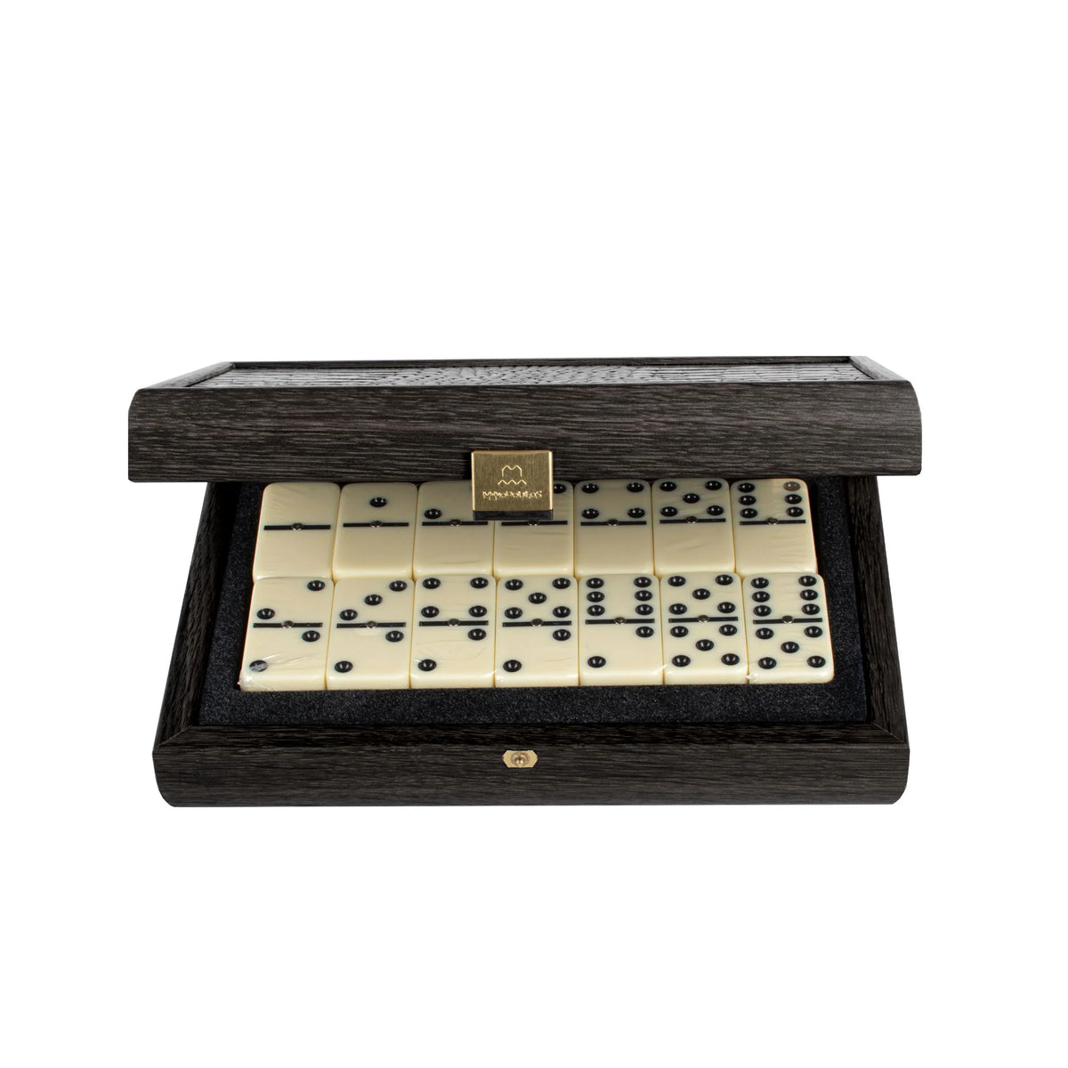 Premium Manopoulos Domino Set Dark Grey Leatherette Wooden Case Gift