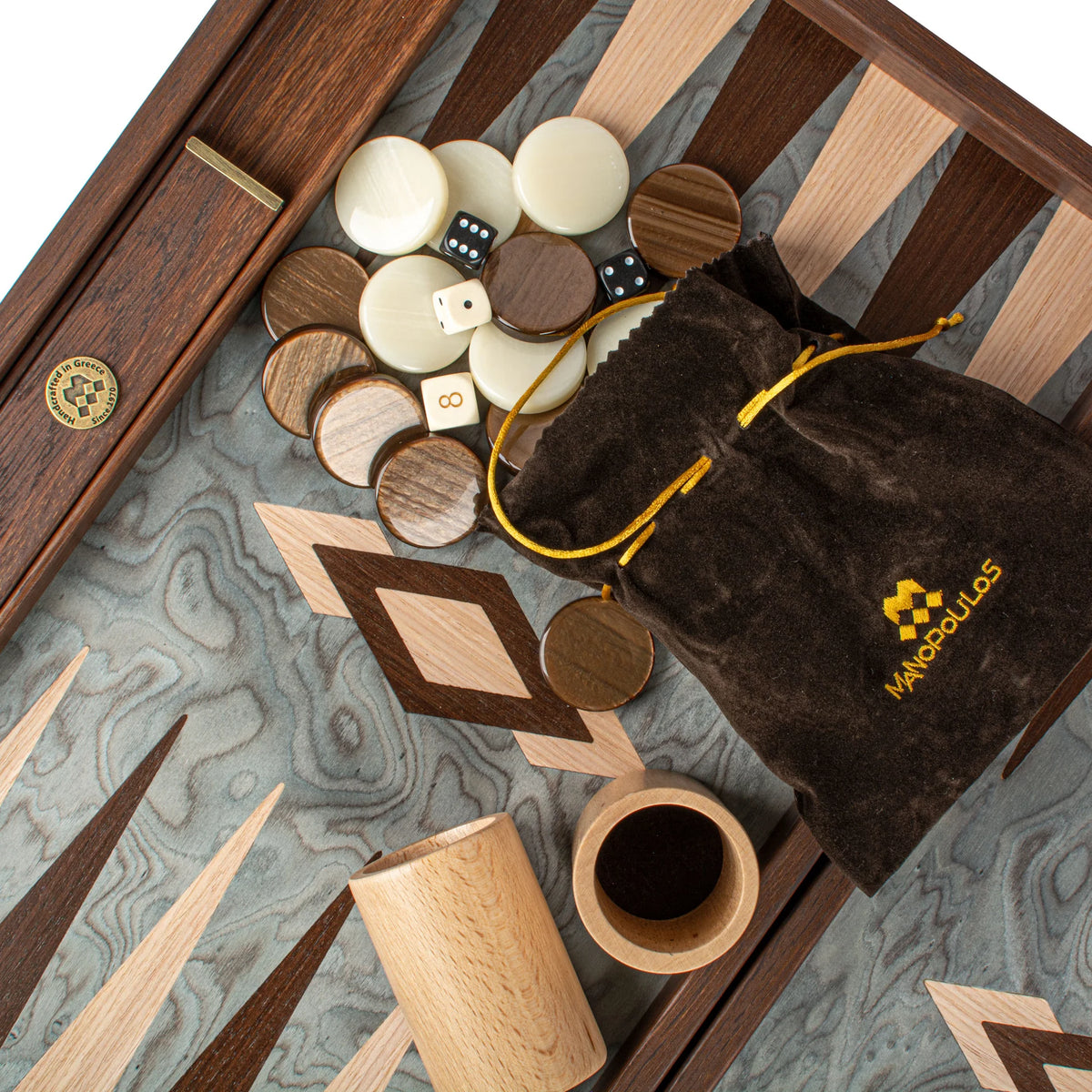 Luxury Manopoulos Backgammon Set Pearly Grey Vavona Oak 48x26