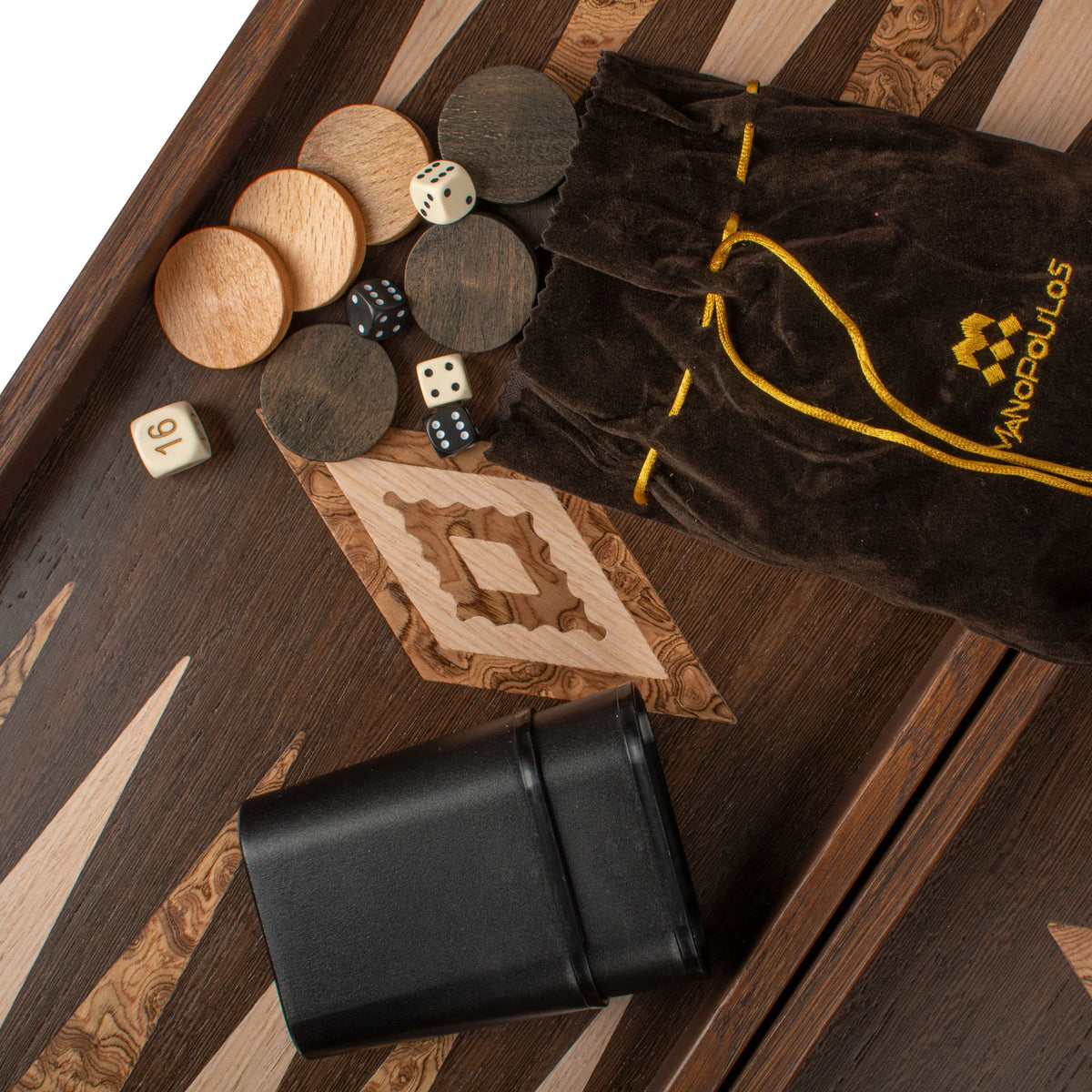 Compact Manopoulos Backgammon Set Wenge Walnut Burl Oak 30x17