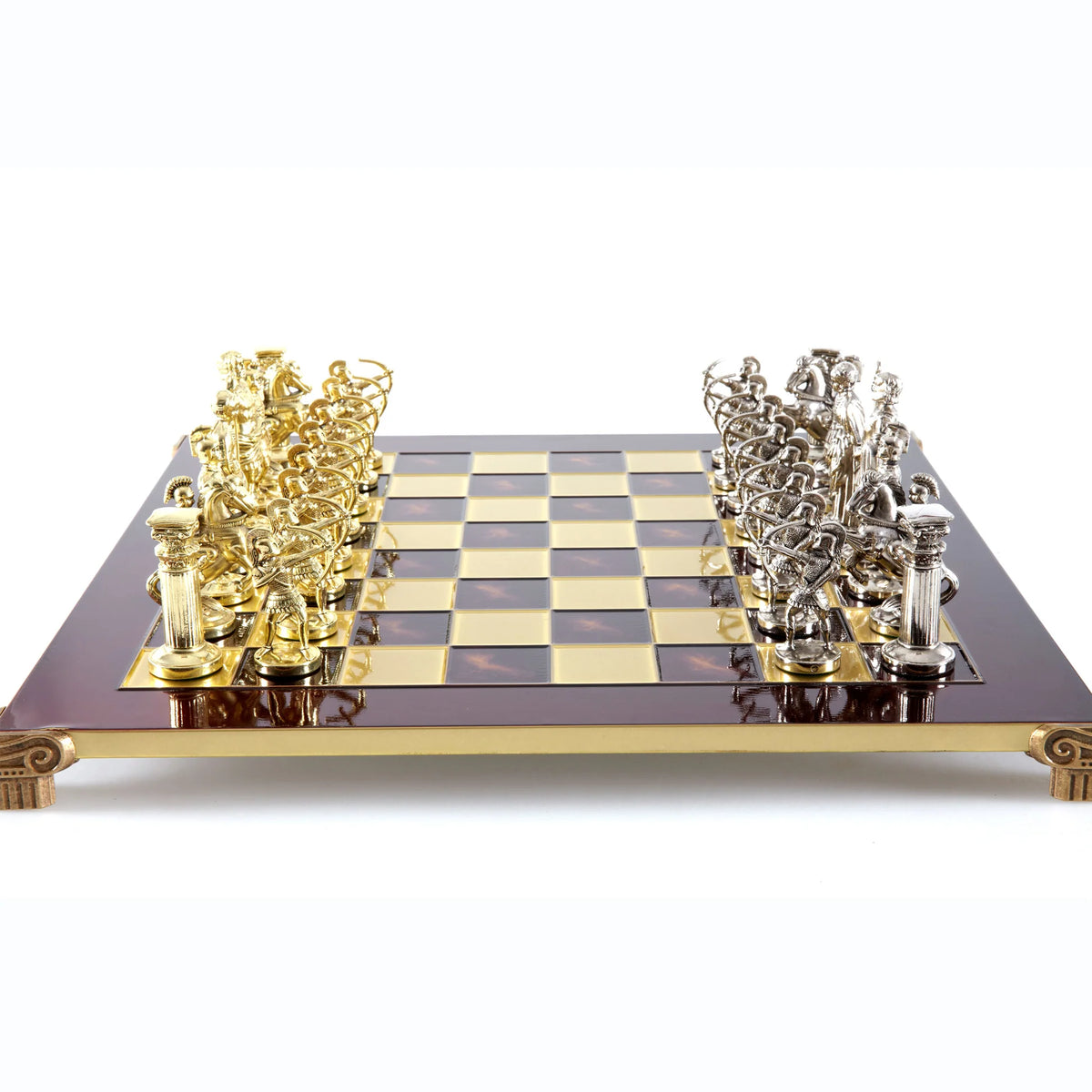 Luxury Manopoulos Archers Brass Chess Set Wooden Case 44x44 cm