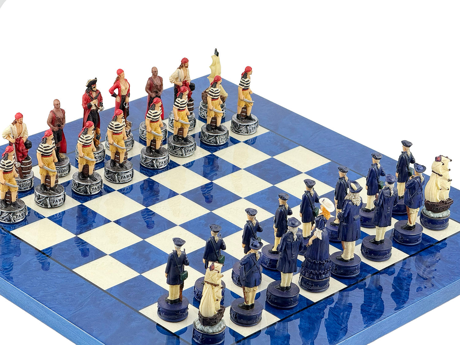 Pirates Chess Set 8cm + MADRONA White/Blue Chessboard 42cm