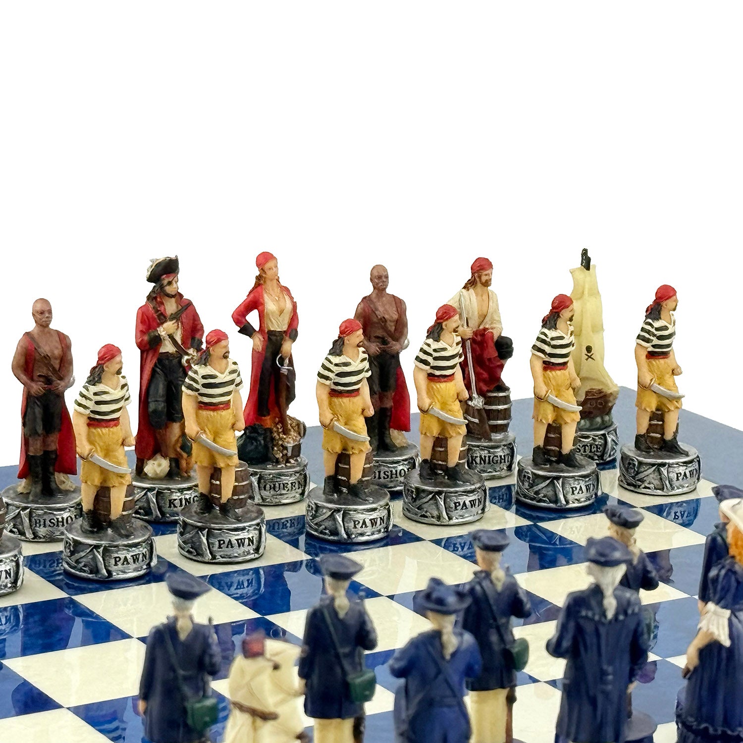 Pirates Chess Set 8cm + MADRONA White/Blue Chessboard 42cm