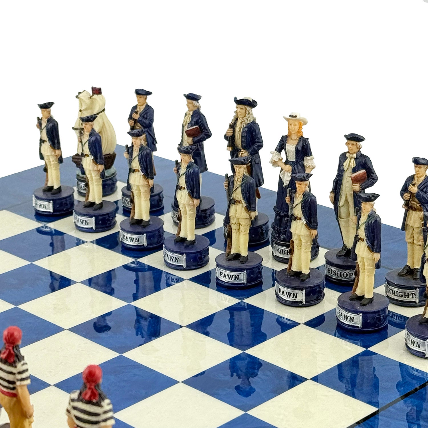 Pirates Chess Set 8cm + MADRONA White/Blue Chessboard 42cm