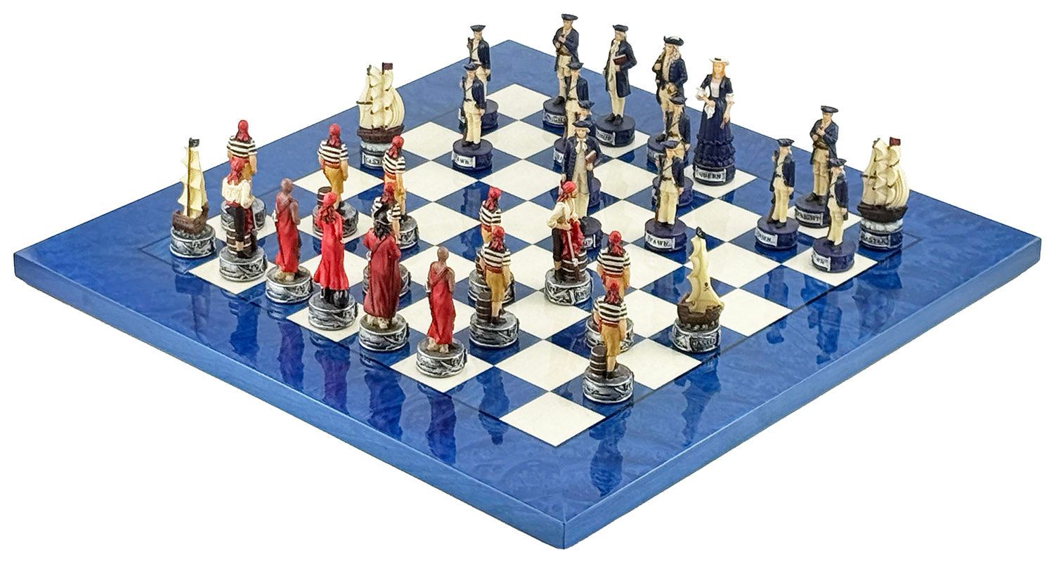 Pirates Chess Set 8cm + MADRONA White/Blue Chessboard 42cm