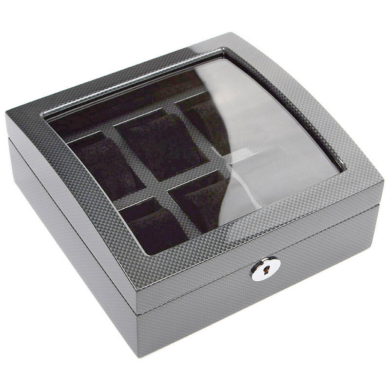 Ekskluzywne Carbonowe Pudełko na 6 Zegarków z Drewna – Lakier Fortepianowy na Wysoki Połysk i Czarny Welur
