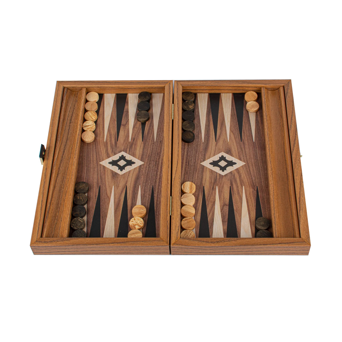 Compact Manopoulos Backgammon Set Walnut Replica Side Racks 30x20