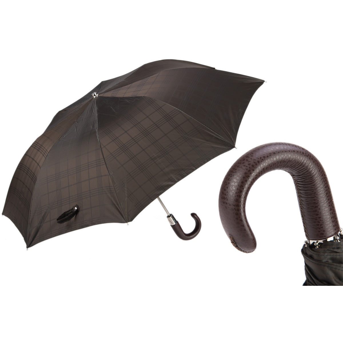 BROWN CHECK UMBRELLA WITH LEATHER HANDLE | Pasotti – Handmade in Italy