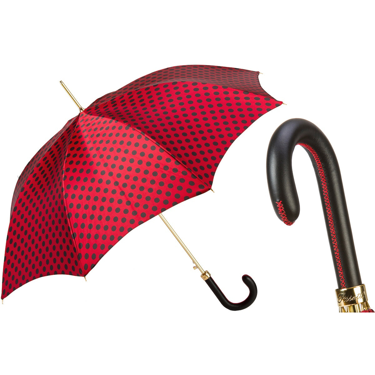 Parasol PASOTTI 93 cm, czerwono-czarny, w kropki, automatyczny, z uchwytem skórzanym