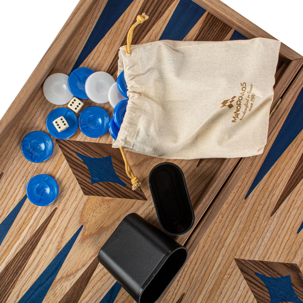 Large Manopoulos Backgammon Set Oak Blue American Walnut 48x26