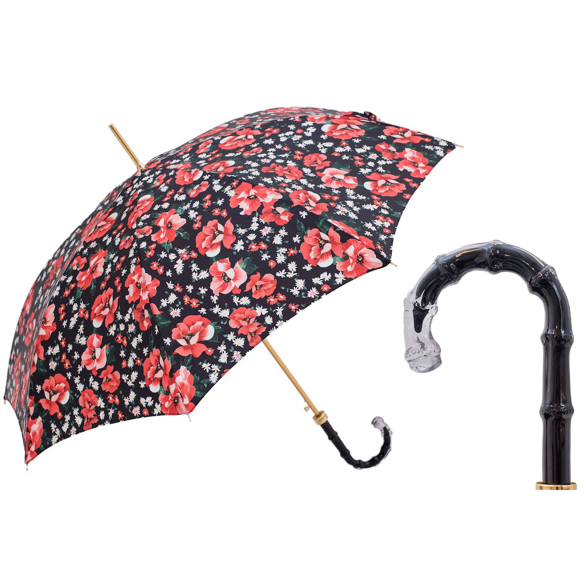 Parasol PASOTTI 93 cm, czerwone zawilce, czarne kwiaty, automatyczny, bambus, octan